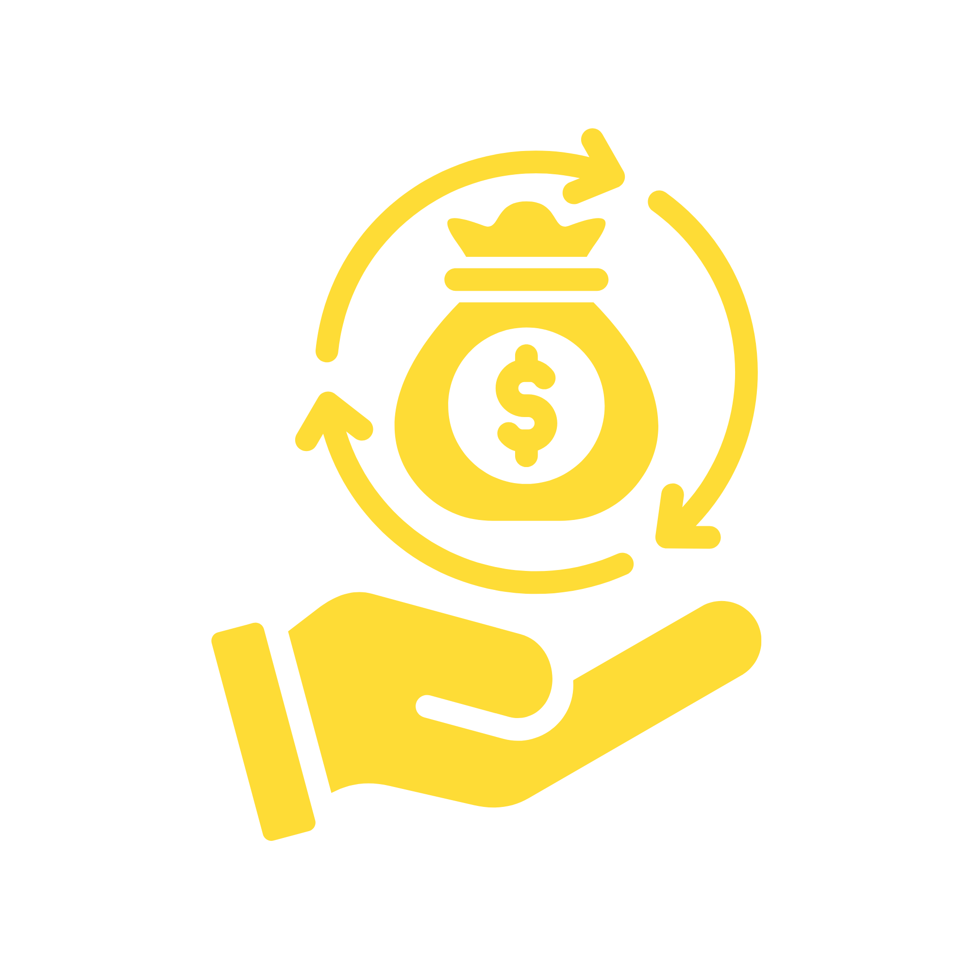 A yellow graphic of a hand holding a money bag with a dollar sign, surrounded by circular arrows indicating recycling or continuous money flow.