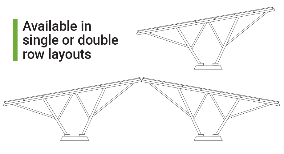 Line drawing of a multi-support bridge with text indicating it is available in single or double row layouts.