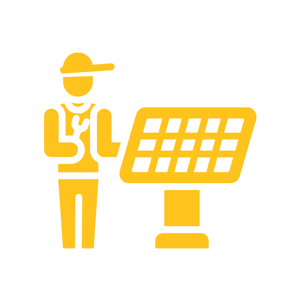 Icon of a person wearing a hat and vest, with one hand on their chest, standing next to a solar panel display.