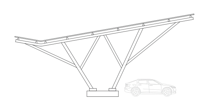 VCT Group solar carport system. Line drawing of a bridge structure with a car parked underneath.