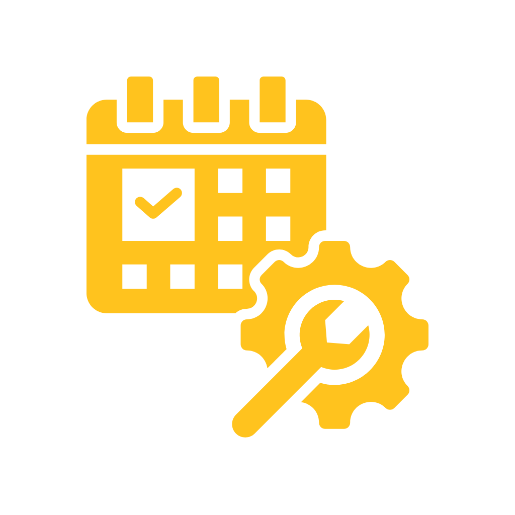 Icon of a calendar with a checkmark, accompanied by a gear and a wrench, representing scheduling or planning with maintenance or settings.
