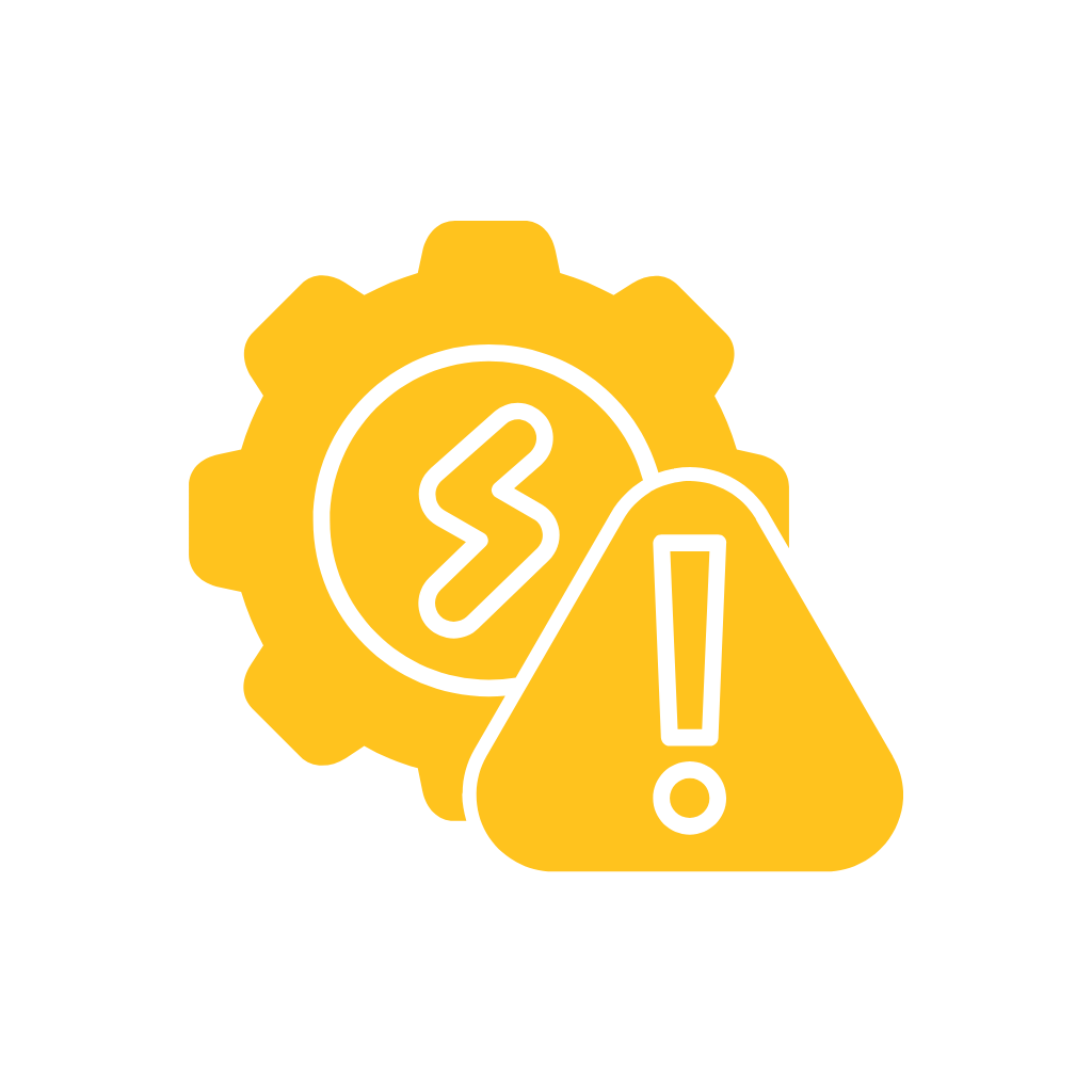 Warning and error icons, including a gear, a lightning bolt, and an exclamation mark, indicating a system or electrical issue.