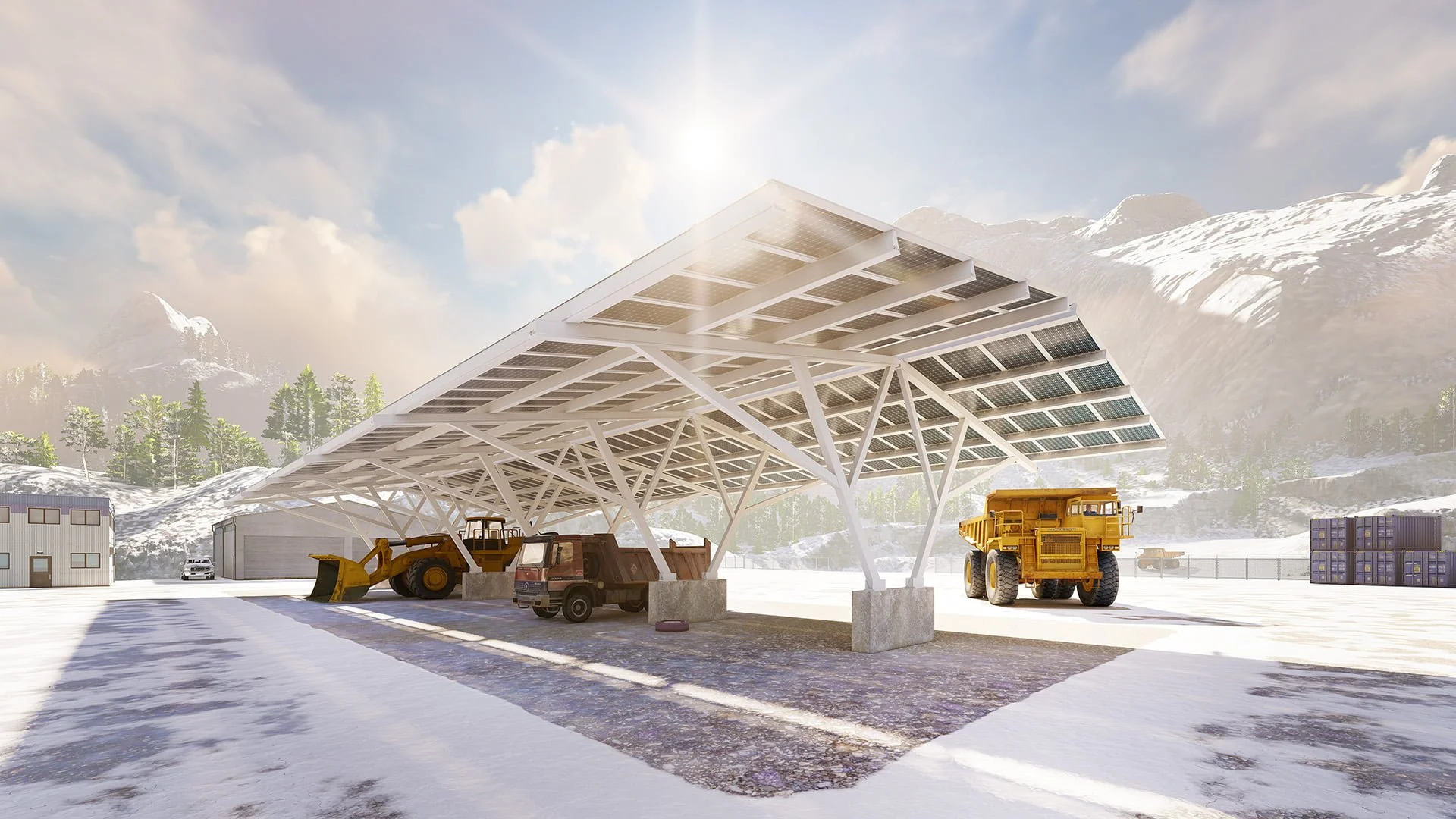Large solar panel shelter in snowy landscape with construction and industrial vehicles under it.