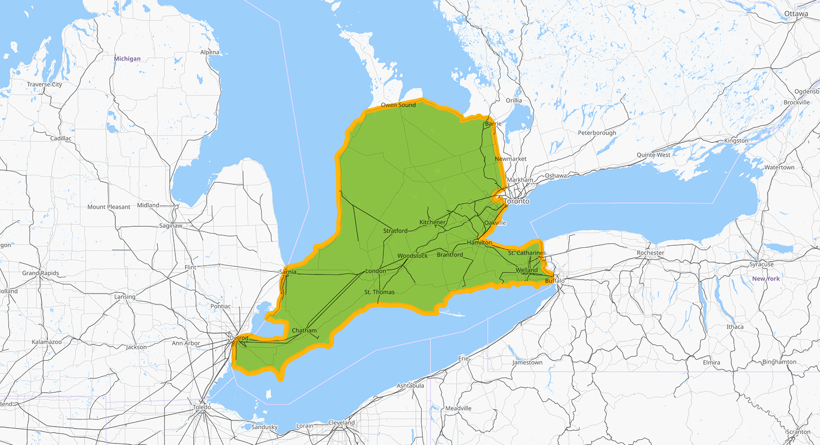 Map of Ontario, Canada, with a marked region encompassing the southern part of the province, including cities like Toronto, Ottawa, Hamilton, and London, outlined in orange with a green fill indicating the region.