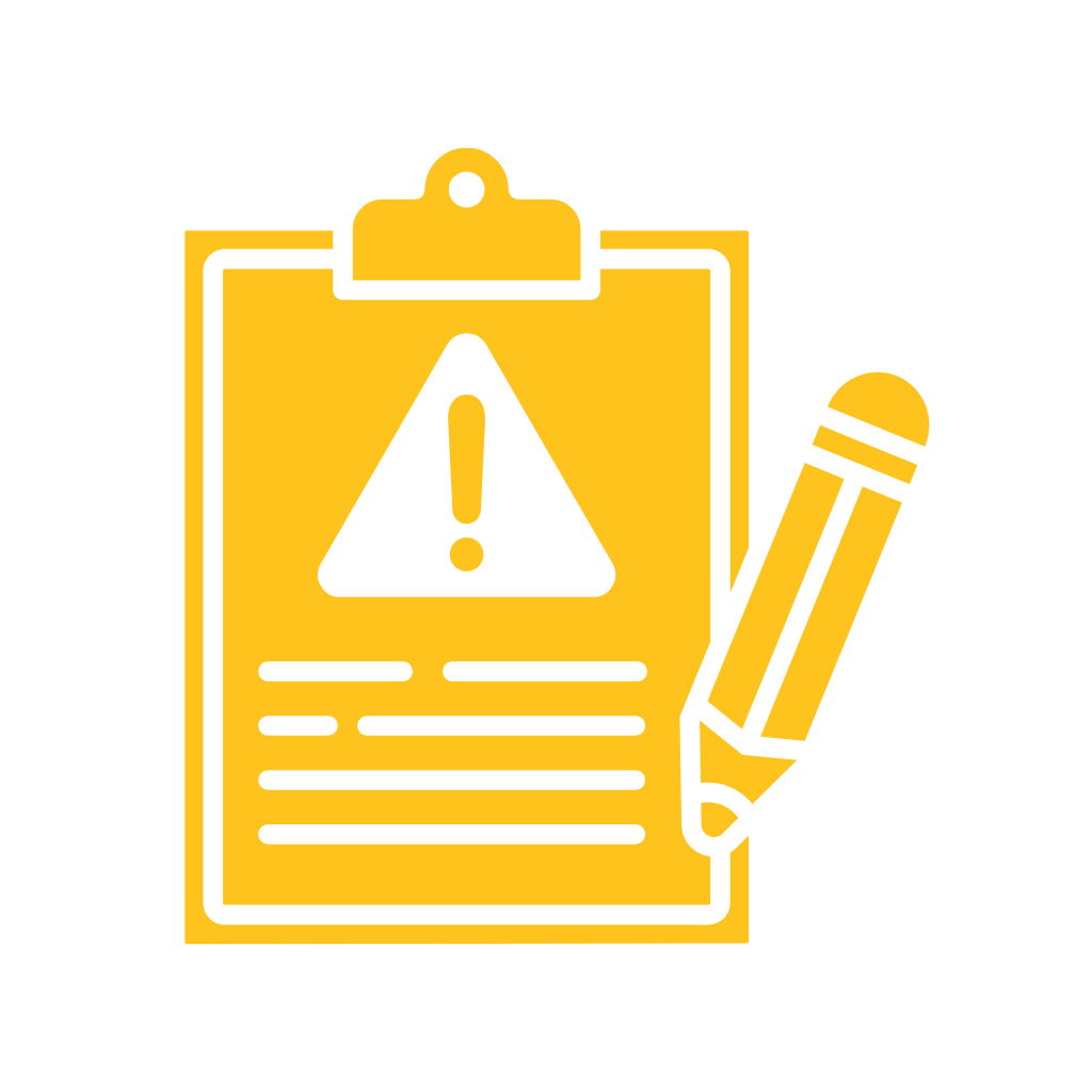 A yellow warning sign on a clipboard with an exclamation mark inside a triangle, accompanied by a yellow pen.