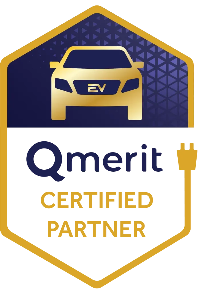 A badge with a blue and gold border featuring a stylized electric vehicle at the top, the words "Qmerit CERTIFIED PARTNER" in blue and yellow text, and an electric plug icon on the right side.