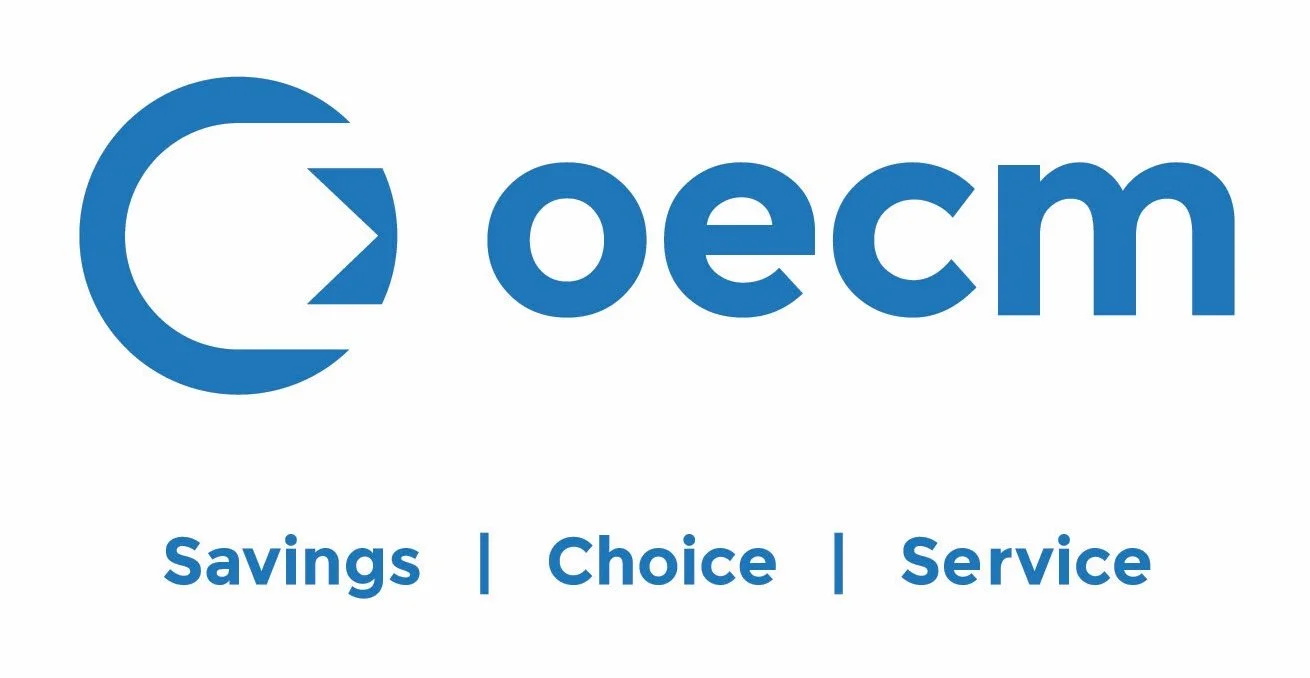 OECM logo with a blue circular arrow around a white arrowhead, the word 'oecm' in lowercase blue letters, and the words 'Savings | Choice | Service' beneath.