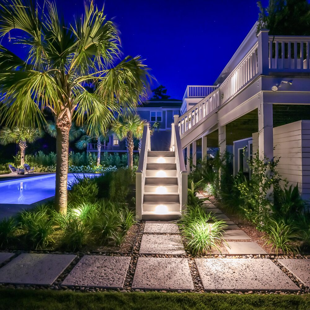 Coastal patio layout showcasing outdoor lighting in Wrightsville Beach, NC