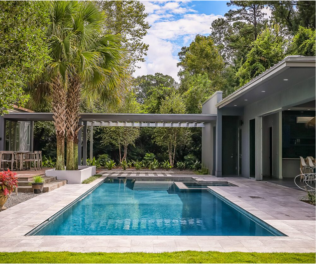 Backyard with new landscape design and outdoor living features in Wilmington, NC