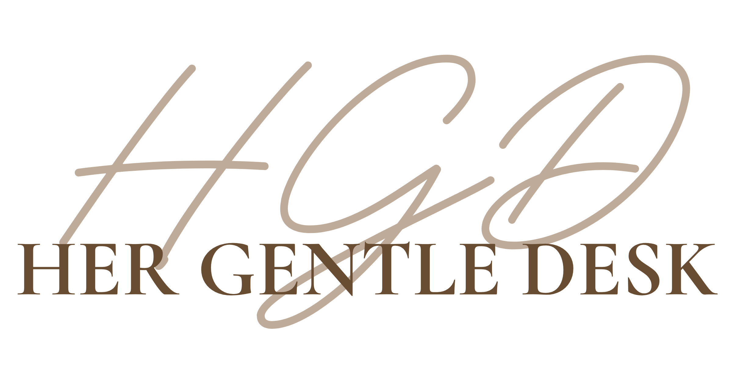 Elegant logo with stylized cursive text reading 'Her Gentele Desk' in beige and brown on a black background.