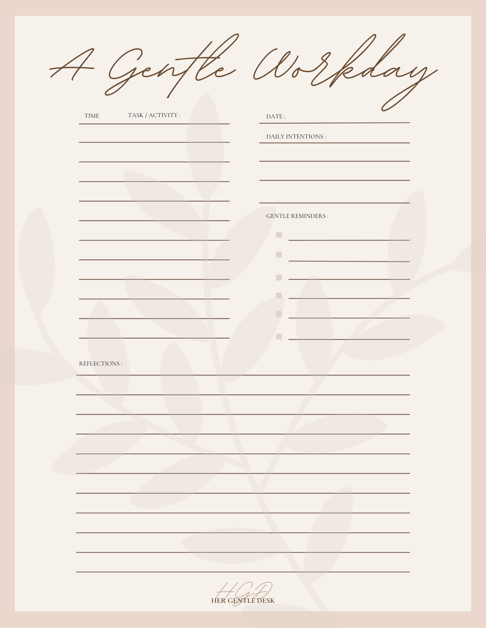 A printable daily planner titled 'A Gentle Workflow' with sections for time, task or activity, date, daily intentions, gentle reminders, reflections, and a subtle floral background.