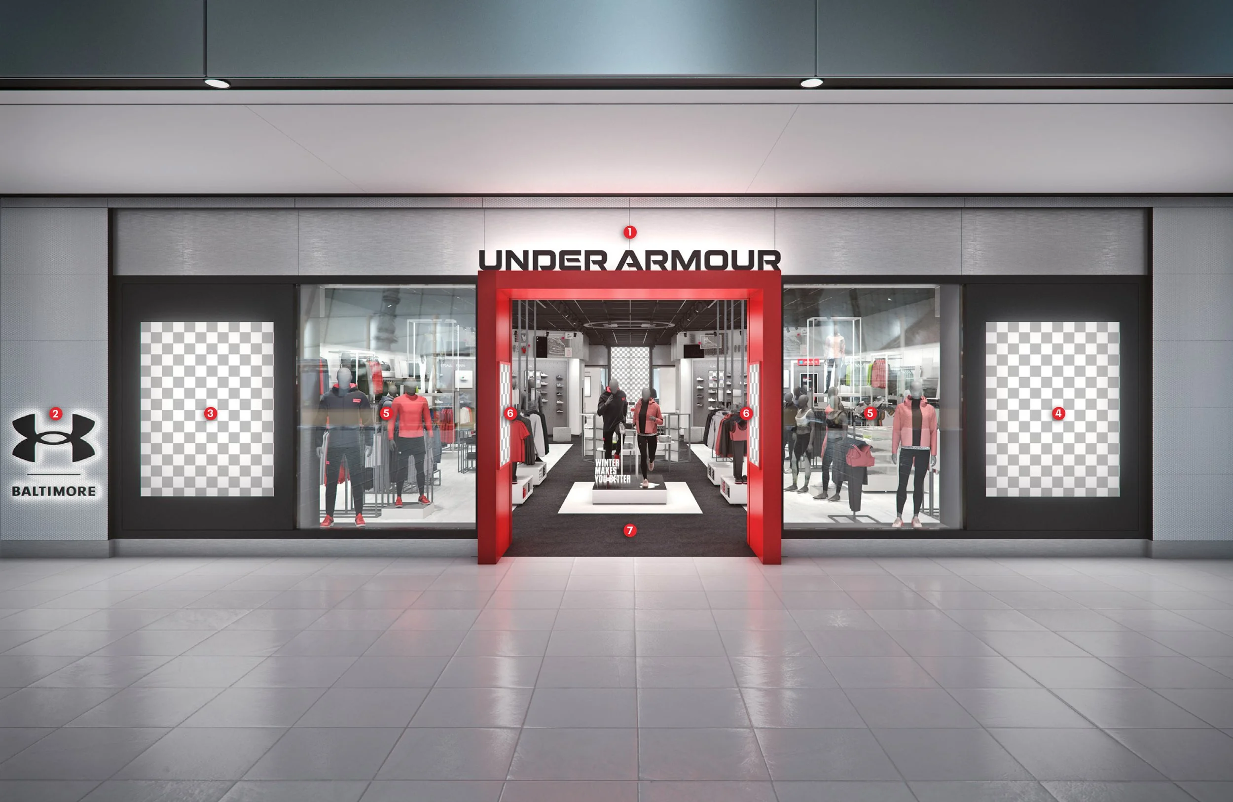 Anchored by the brand wordmark (1) and city logo lockup (2) — the storefront facade is an inspirational first touchpoint delivering emotive storytelling through global campaign screens (3), light boxes (4), and window displays (5) that align to porta