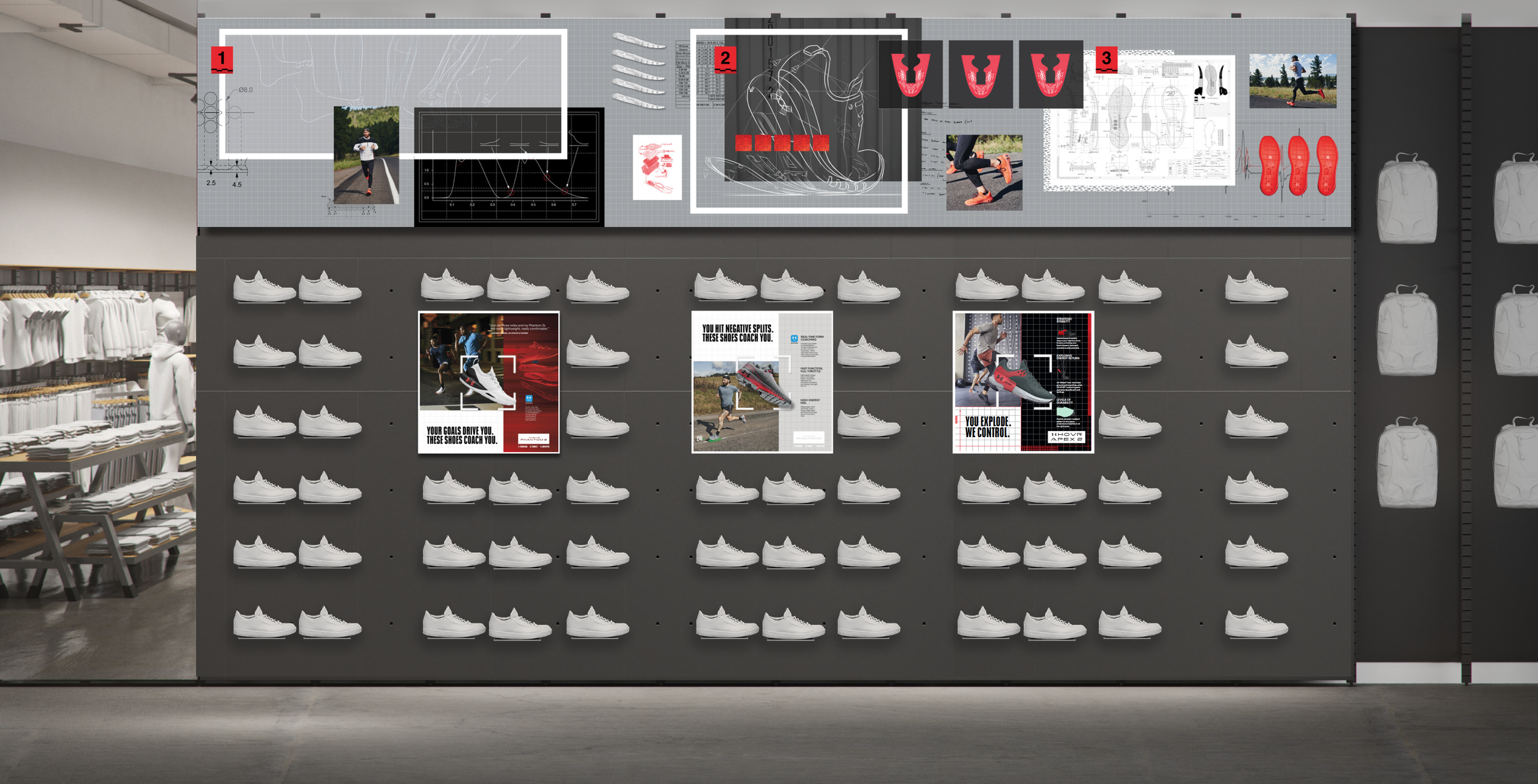 The footwear bulkhead is an overhead dimensional display anchored at the back of the Men's and Women's sections — illustrating the evolution of UA footwear through designer sketches, dimensional elements, and performance imagery. An evergreen foundat