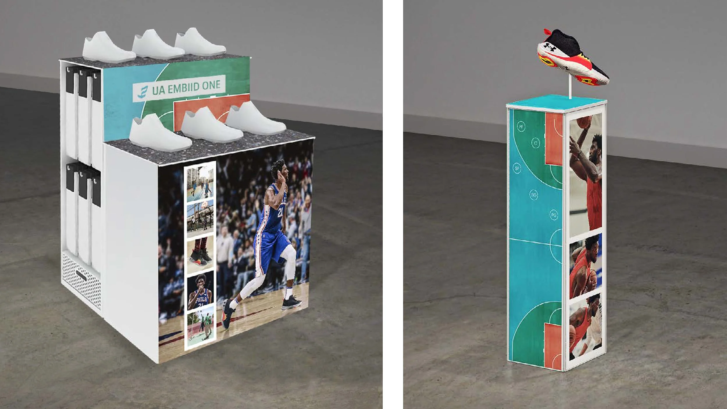 Freestanding floor fixtures in the Men's and Women's areas of the Footwear zone featured content aligned with the hero footwear story established at the storefront and entry display, to amplify the product narrative throughout the consumer journey.