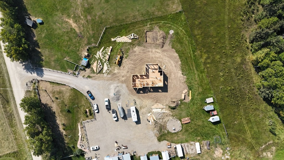 Aerial image of a new construction home being built in Red Deer Alberta
