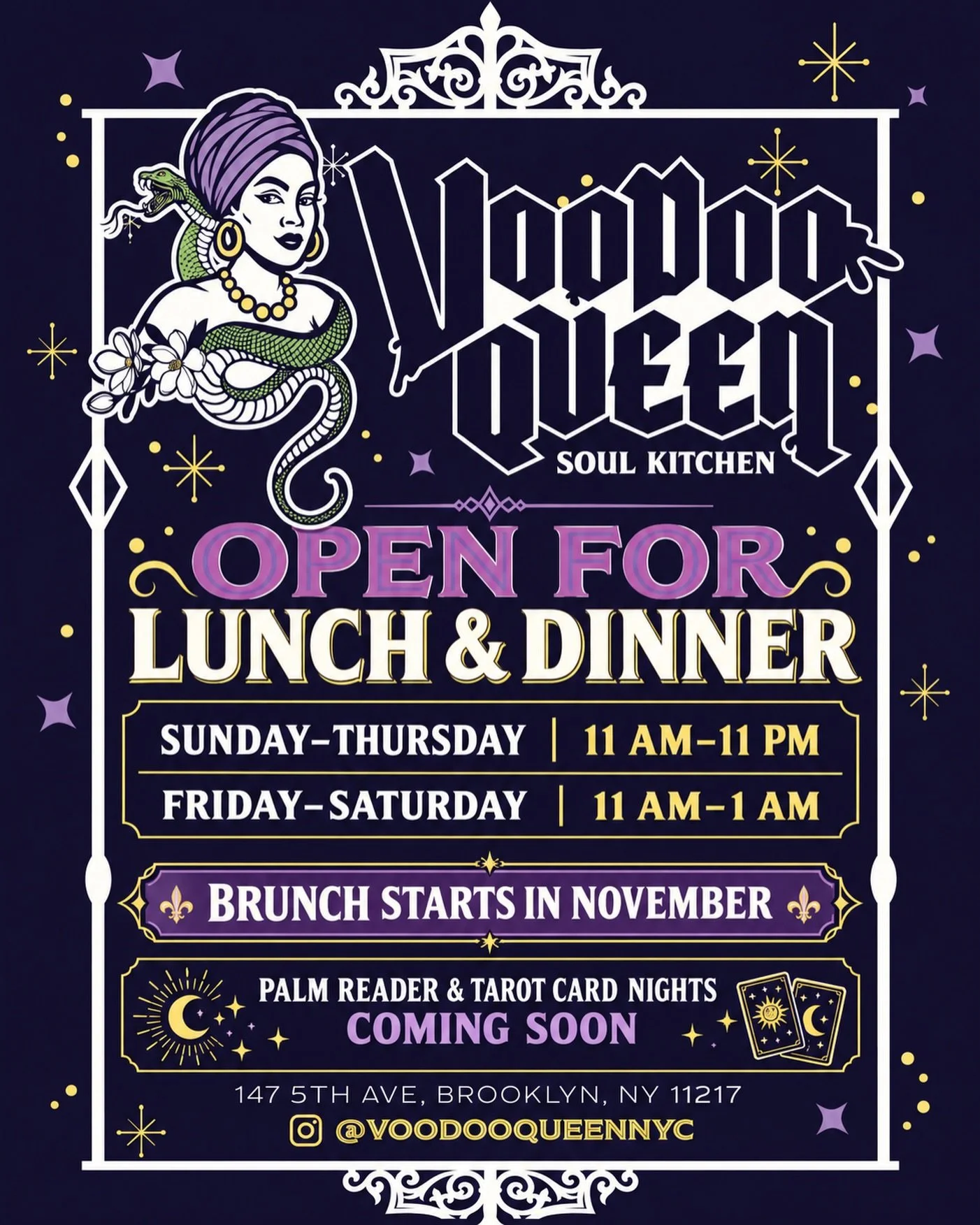 Voodoo Queen is open now for lunch and dinner! Join us Sunday&ndash;Thursday, 11 AM&ndash;11 PM, and Friday&ndash;Saturday, 11 AM&ndash;1 AM. Brunch begins in November, and Palm Reader &amp; Tarot Card nights are coming soon. ✨

NEW ORLEANS SPIRIT. S