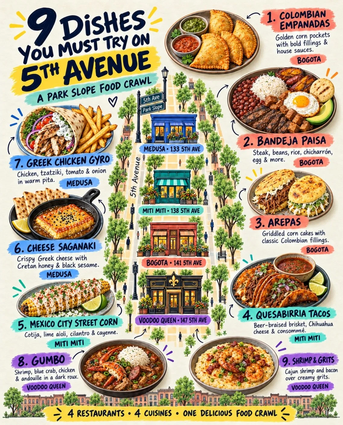 One avenue. Four restaurants. Nine must-try dishes. One delicious Park Slope food crawl. 🍴✨

Start with Greek comfort at Medusa.
Move on to cheesy Quesabirria Tacos at Miti Miti.
Dig into Colombian classics at Bogota.
Then finish with New Orleans so