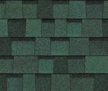 Close-up of green asphalt shingles on a roof.