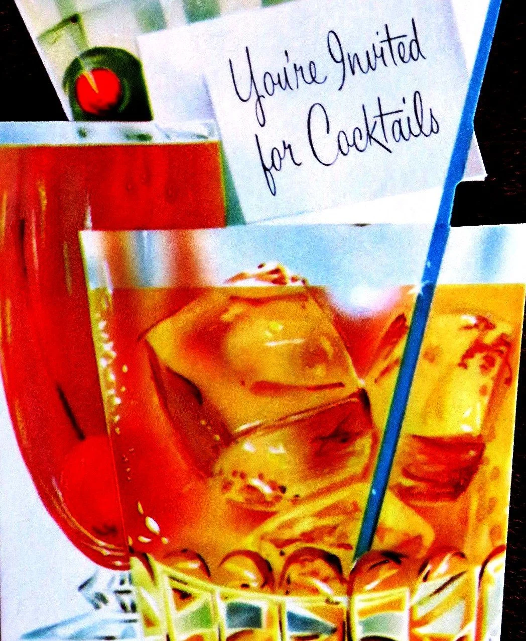 A colorful promotional card with a picture of an iced cocktail and a note that says 'You're Invited for Cocktails'.