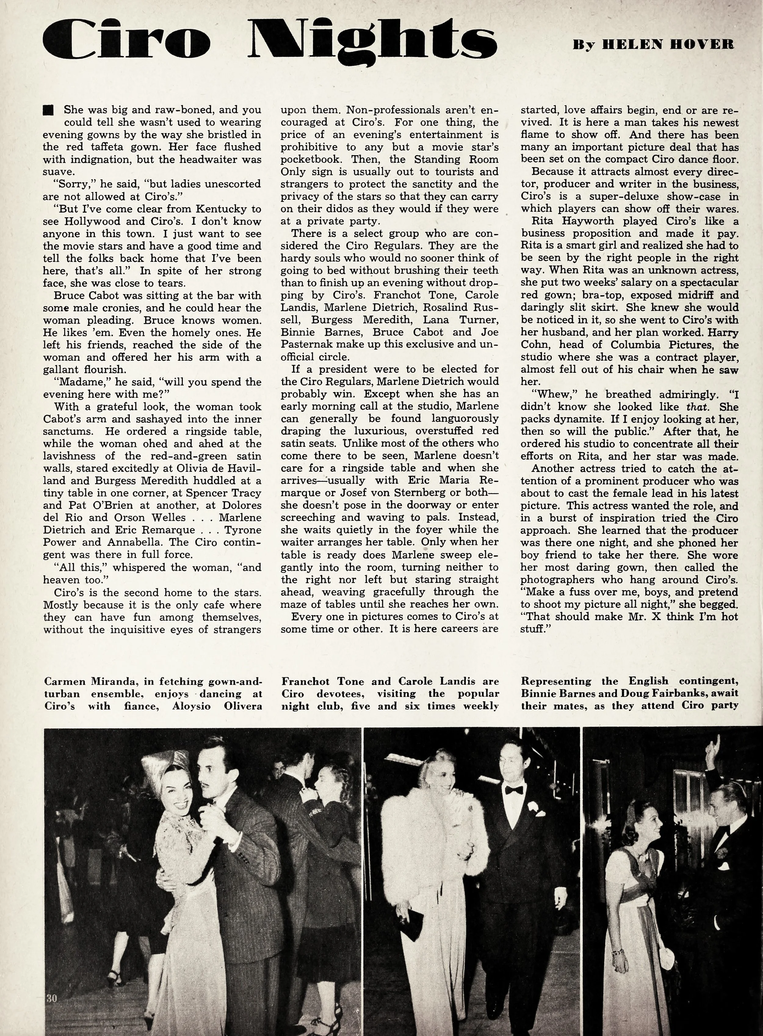 Black and white newspaper page featuring an article titled 'Ciro Nights' by Helen Hover. The article discusses social activities at Ciro's, a nightclub, and mentions several individuals such as Carmen Miranda, Franchot Tone, Carole Landis, Binnie Barnes, and Doug Fairbanks. The page includes three black and white photographs: the first shows Carmen Miranda and a man dancing, the second depicts Franchot Tone and Carole Landis, and the third captures Binnie Barnes and Doug Fairbanks in conversation.