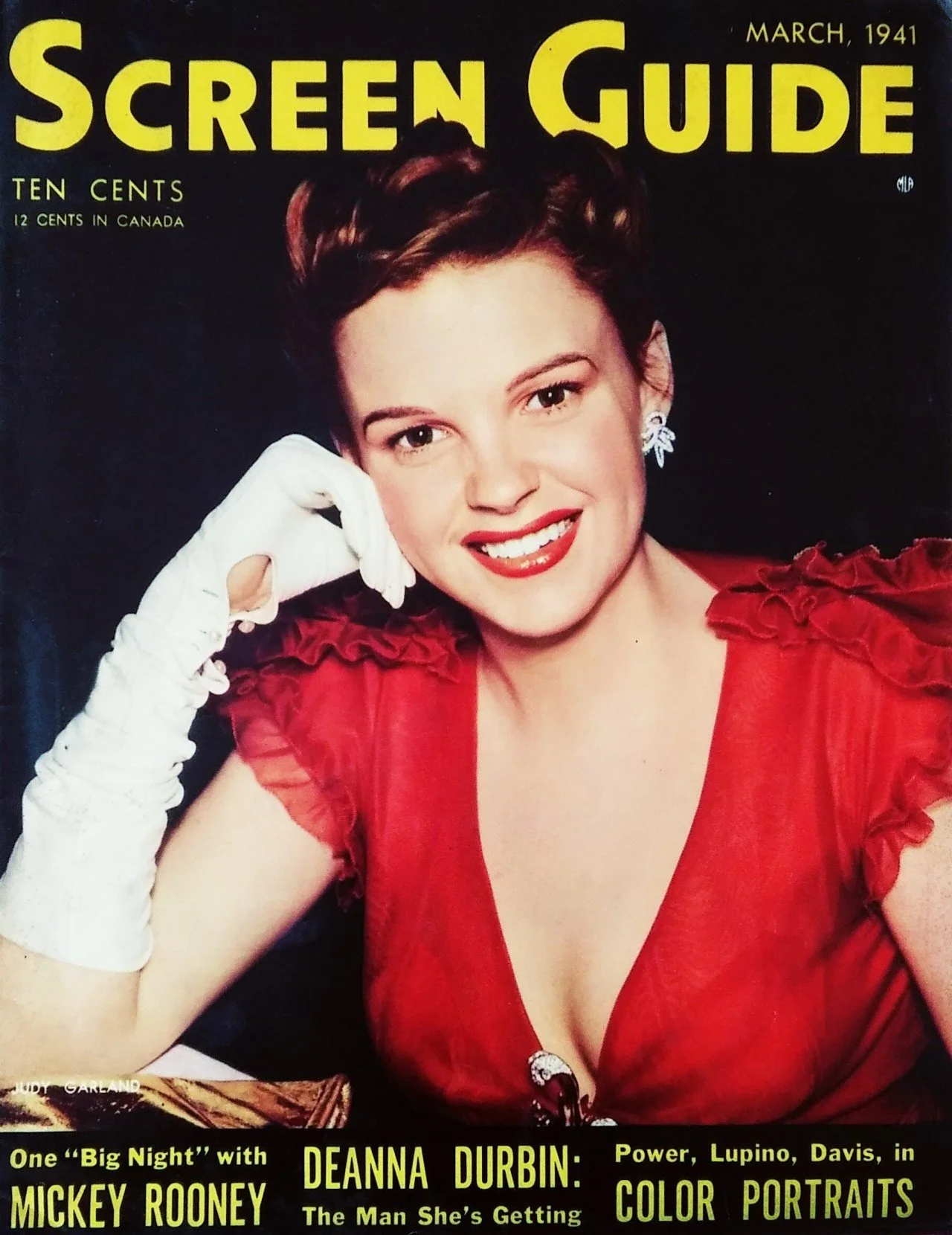 March 1941 issue of Screen Guide magazine featuring actress Deanna Durbin on the cover, dressed in a red outfit with ruffled shoulders, smiling and wearing white gloves and earrings.