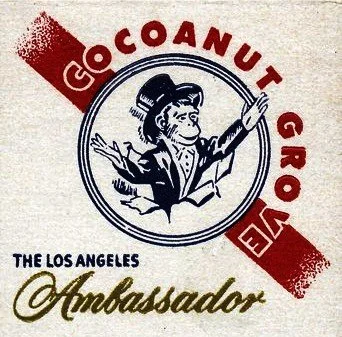 Logo for Gocoanut Grove, featuring a monkey in a hat, with text 'The Los Angeles Ambassador'.