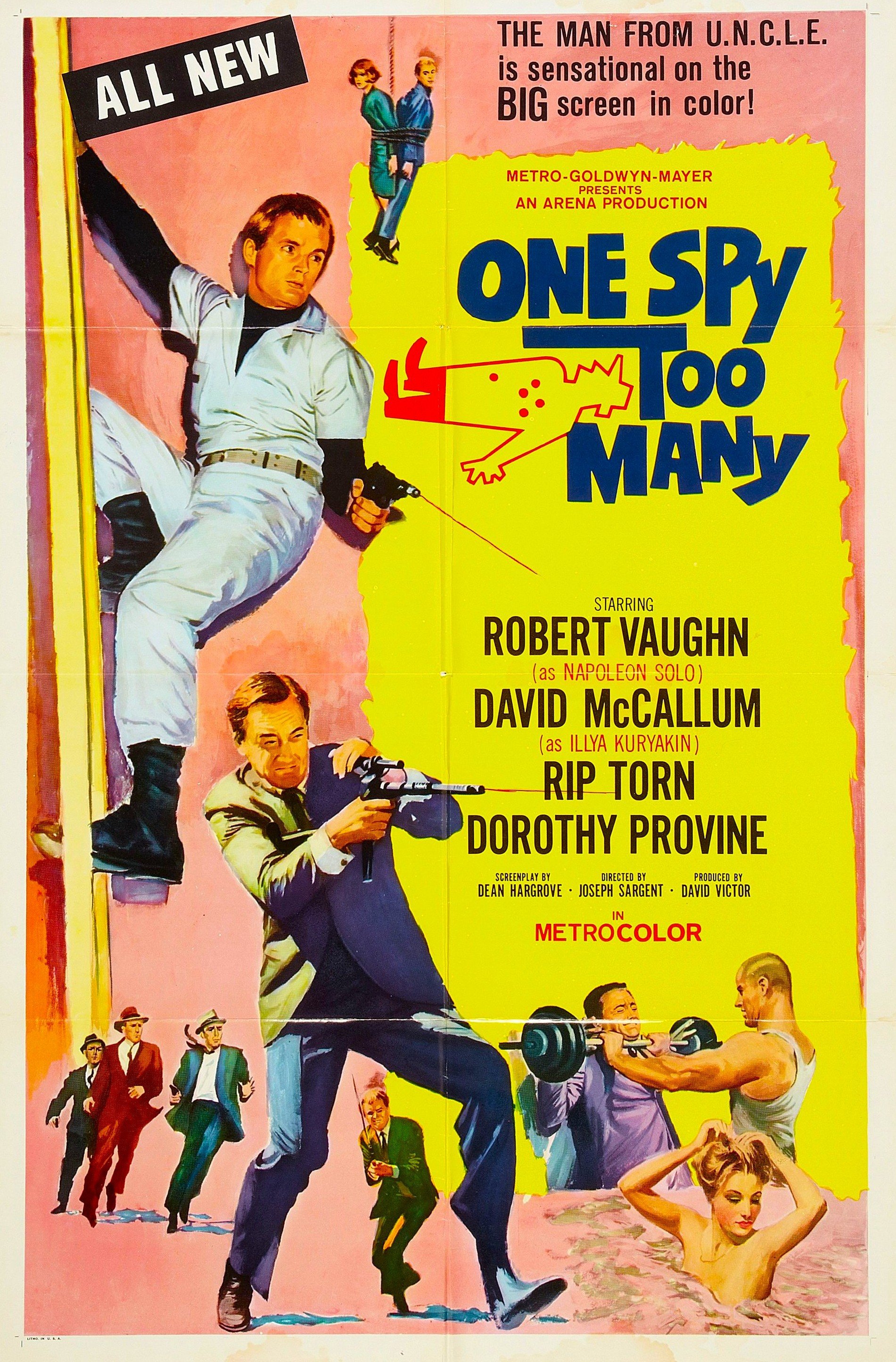 Movie poster for 'One Spy Too Many' featuring illustrations of characters with guns, a person appearing to be in a pool, and three smaller figures running. The poster highlights the title and main actors, Robert Vaughn and David McCallum.