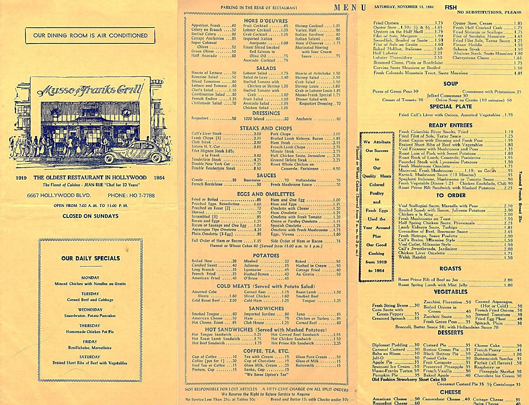 A vintage menu from Musso & Frank's Grill, a historic Hollywood restaurant, dated Saturday, November 13, 1954. The menu includes sections for hors d'oeuvres, salads, dressings, steaks, sauces, eggs and omelets, potatoes, cold meats, sandwiches, hot sandwiches, beverages, cheese, fish, soup, a special attribute and success, roasted meats, vegetables, desserts, and order options. The restaurant's details and slogan are also visible.