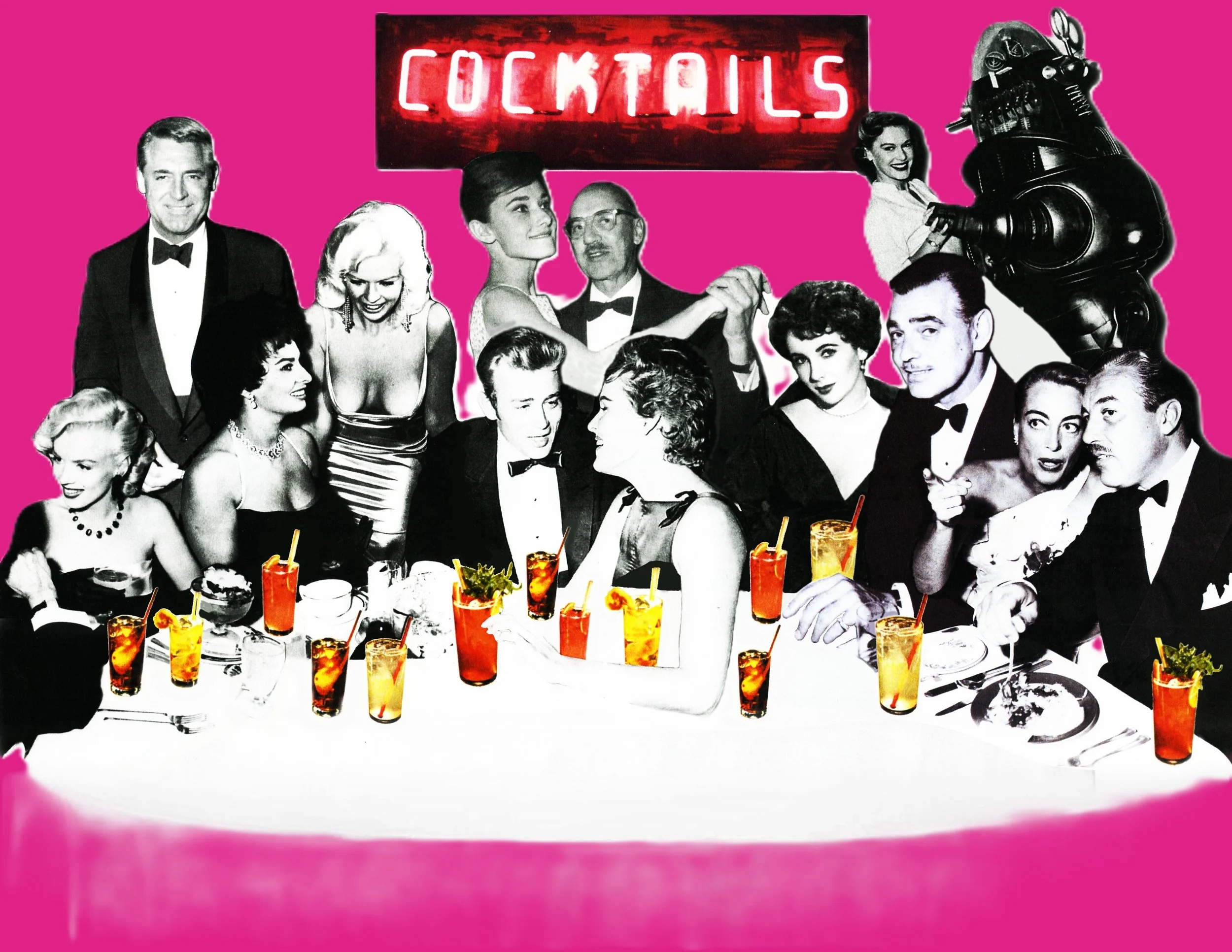 Black and white photo of a group of vintage-style people at a dinner party, with a pink background, a neon Coca-Cola sign, a robot, and drinks on the table.