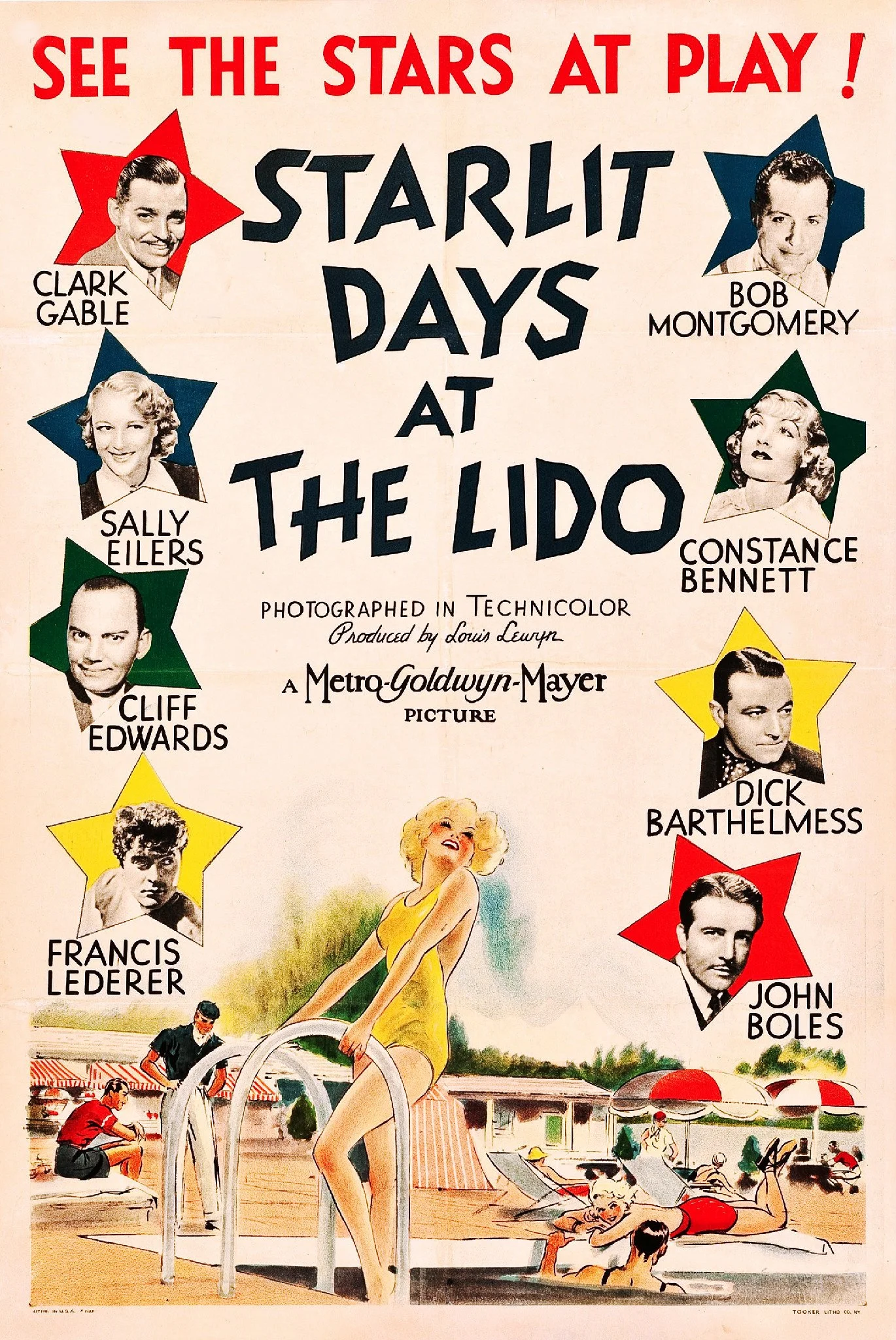 Vintage movie poster for 'Starlit Days at the Lido' featuring photos of actors Clark Gable, Sally Eilers, Cliff Edwards, Francis Lederer, Bob Montgomery, Constance Bennett, Dick Barthelmess, and John Boles, with a colorful illustration of women in swimsuits at a pool and beach scene.