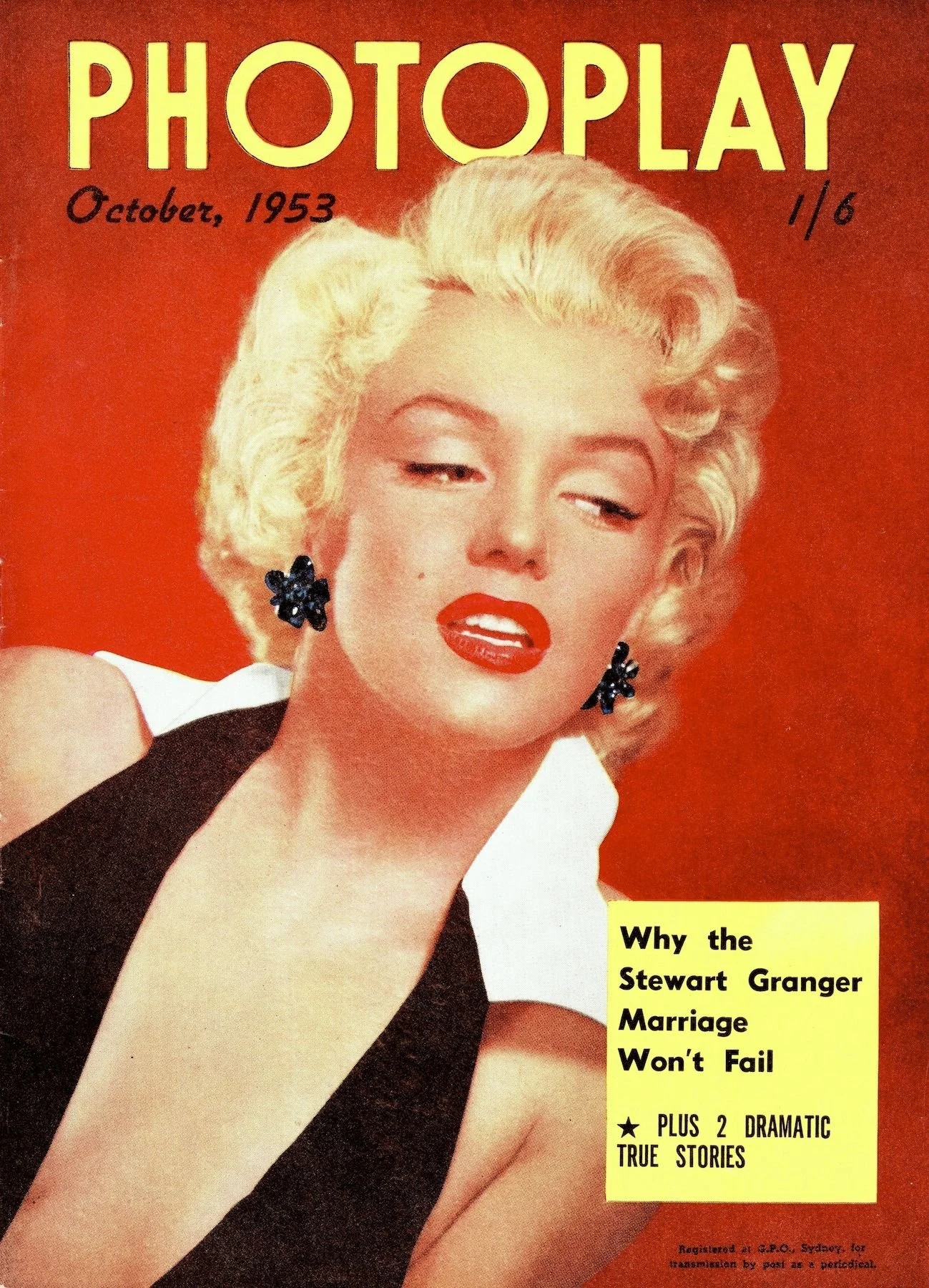 Cover of a magazine titled 'Photoplay' from October 1953, featuring a woman with platinum blonde hair, red lipstick, black earrings, and wearing a black and white outfit with a red background.