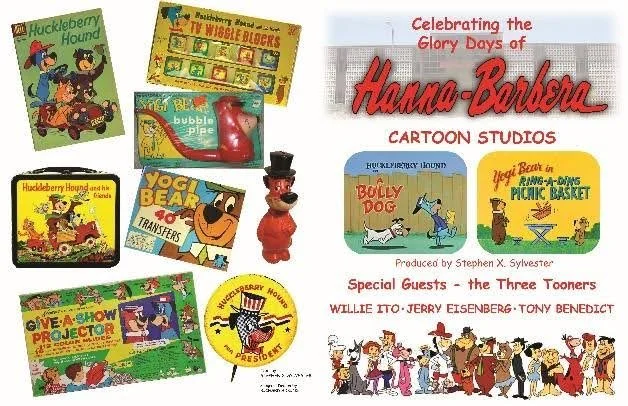 A collection of children's books, toys, and memorabilia including Huckleberry Hound items, a Yogi Bear transfer, a plush toy, and a cartoon studio poster celebrating Hanna-Barbera with characters like Bumles Dog and Yogi Bear at the picnic basket.