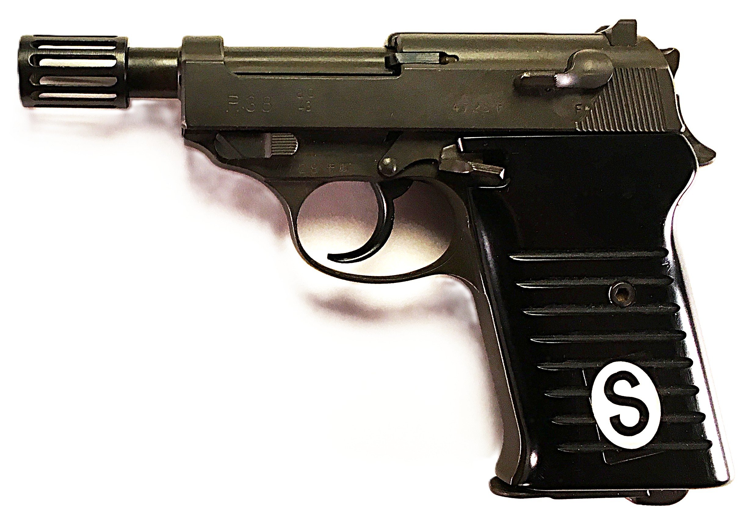 Black semi-automatic handgun with a round sticker labeled 'S' on the grip, against a white background.