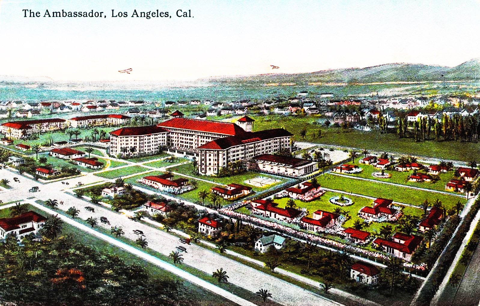 A detailed illustrated map of The Ambassador hotel and surrounding area in Los Angeles, California, showing buildings, roads, gardens, and trees.