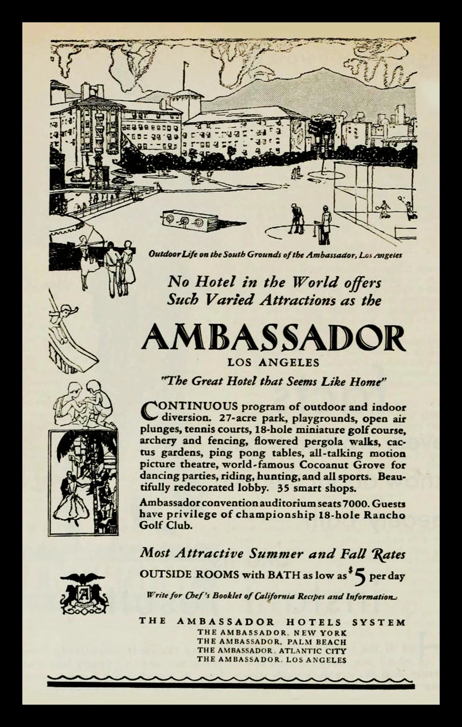 Flyer advertising the Ambassador Hotel in Los Angeles, highlighting outdoor activities, amenities, and summer and fall rates.