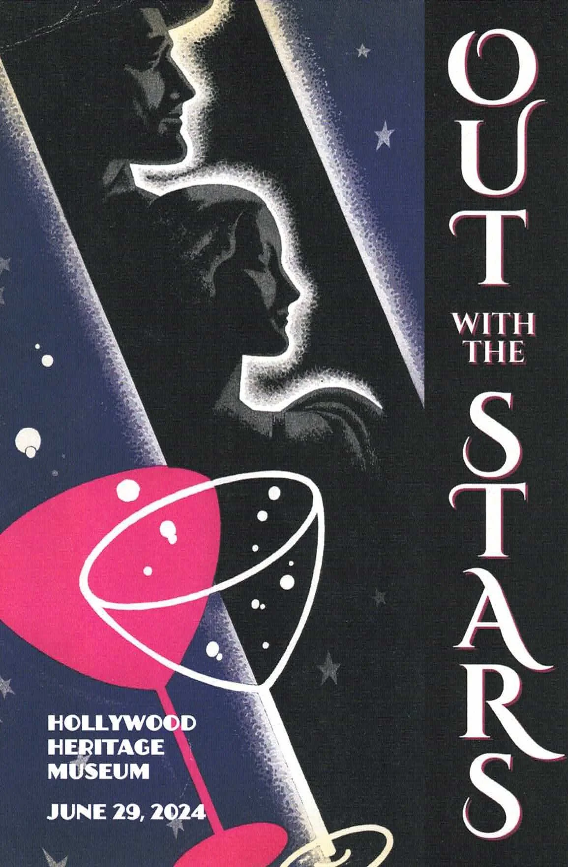 Promotional poster for 'Out with the Stars' event at the Hollywood Heritage Museum on June 29, 2024. The poster features stylized silhouettes of two women looking at each other and an illustrated pink cocktail glass with stars in the background.