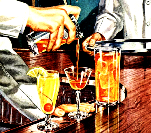 A bartender pouring a drink into a martini glass at a bar, with colorful mixed drinks in tall glasses on the counter.