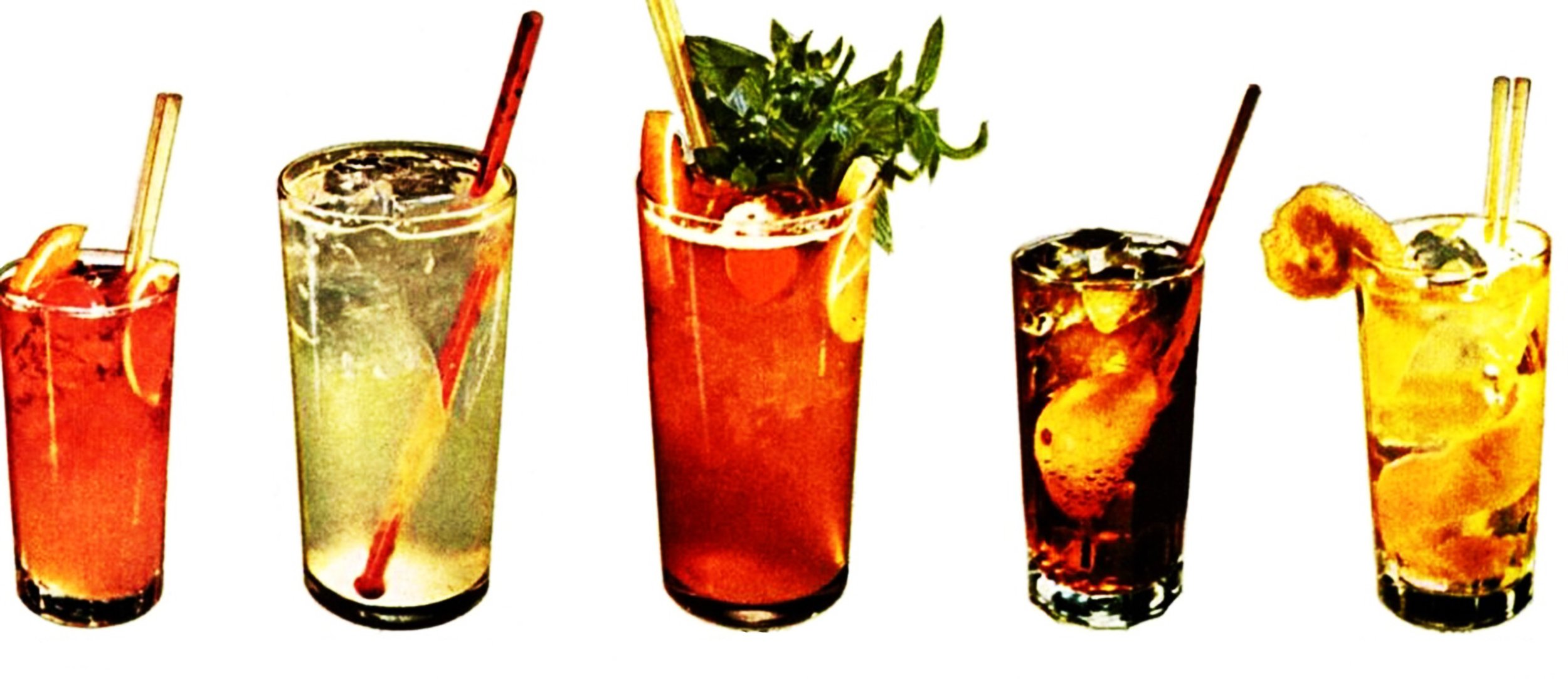 Five colorful cocktails with garnishes and straws in tall glasses, lined up on a white background.