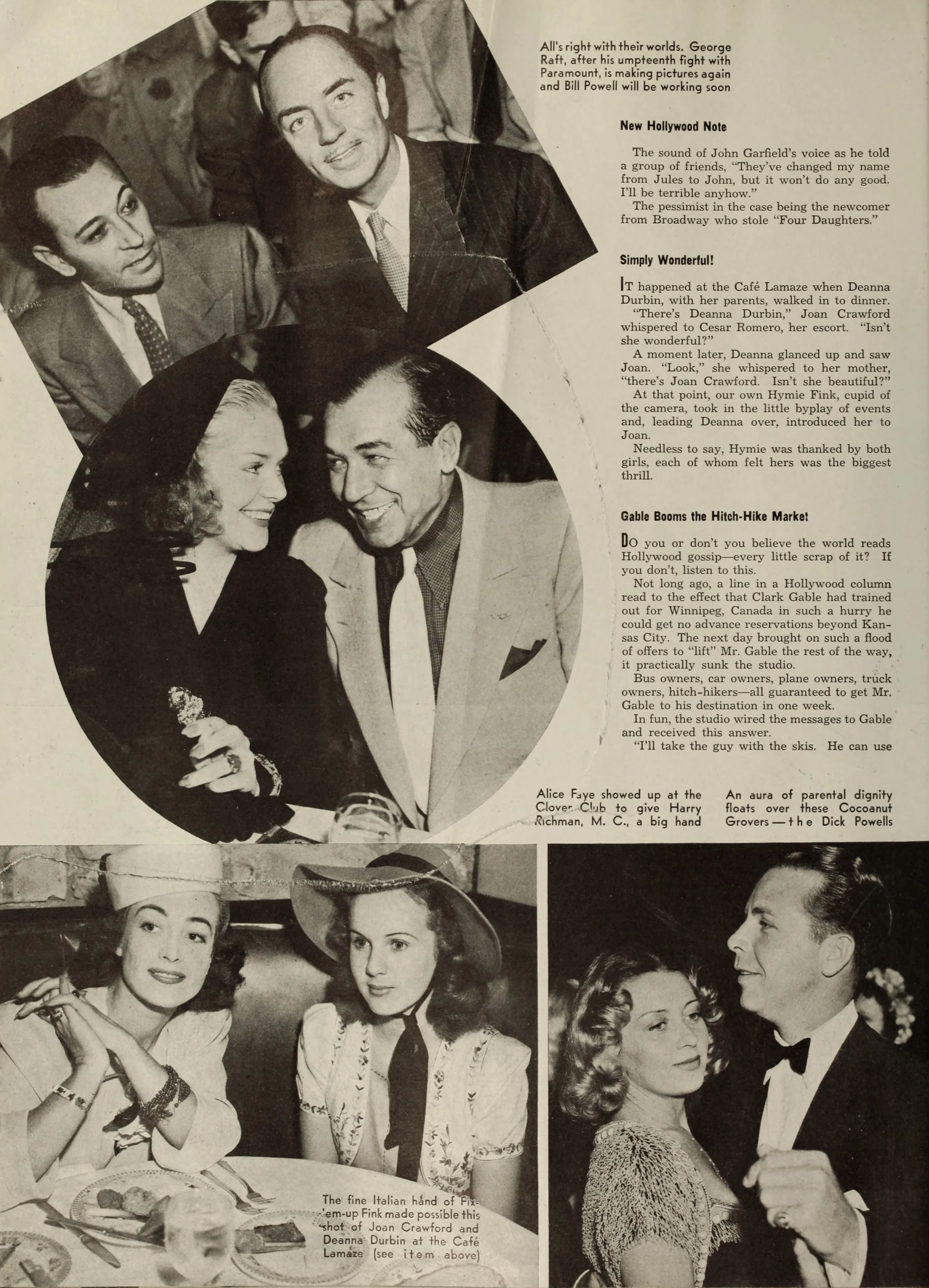 The image features several black-and-white photographs of Hollywood celebrities. At the top, George Raff and a woman are smiling for the camera. Below, Deanna Durbin and a man are seated at a table, smiling and engaged in conversation. At the bottom left, two women, one with a hat, are sitting at a table with food, and at the bottom right, a man and woman are dancing or posing closely in formal attire. The photos are accompanied by text about Hollywood gossip, celebrities, and events.