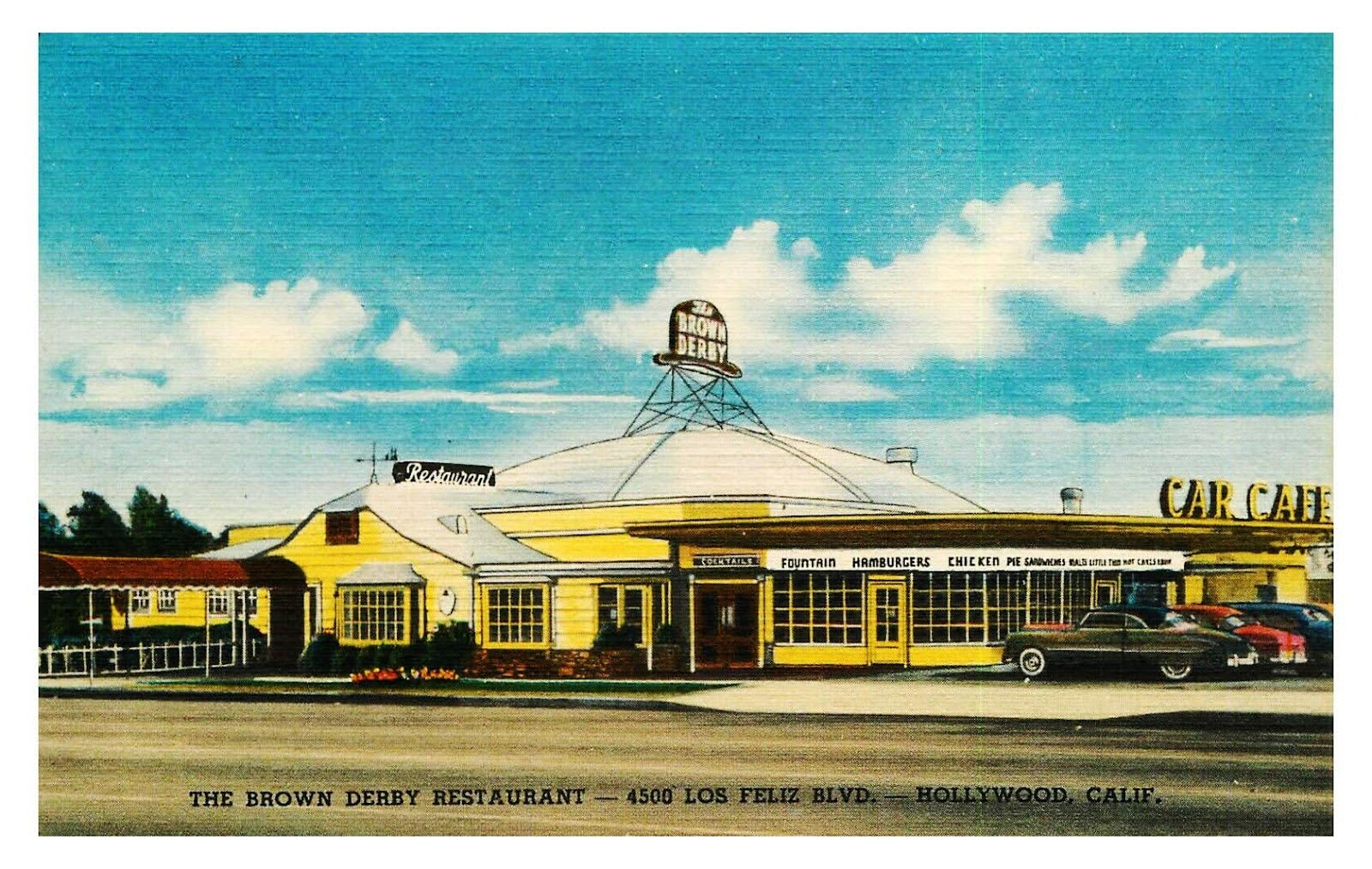 Vintage illustration of The Brown Derby Restaurant at 4500 Los Feliz Blvd in Hollywood, California, with a yellow exterior, parking lot with cars, and a bright blue sky with clouds.
