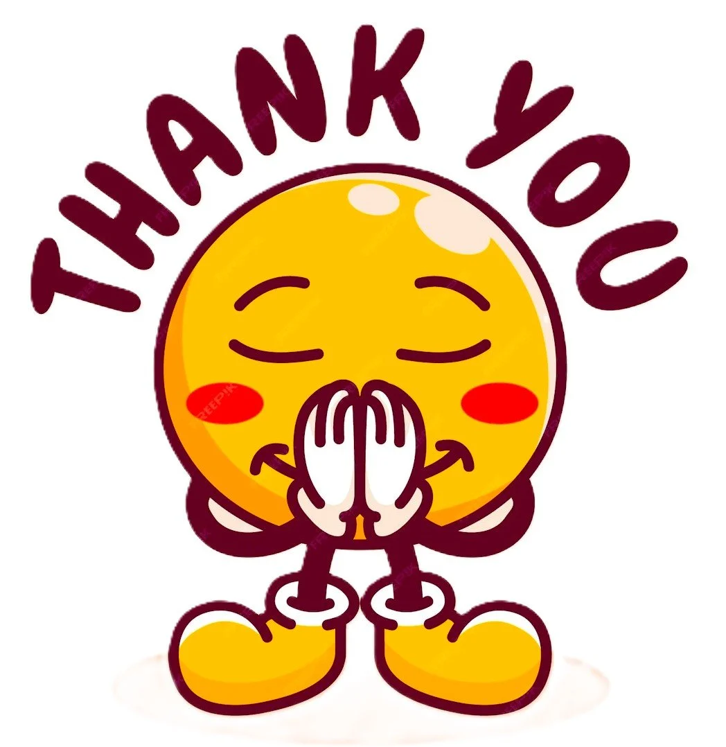 A cartoon yellow smiley face with closed eyes, blushing cheeks, and hands pressed together in a prayer gesture. Above it, the words 'THANK YOU' are written in bold, dark red letters.