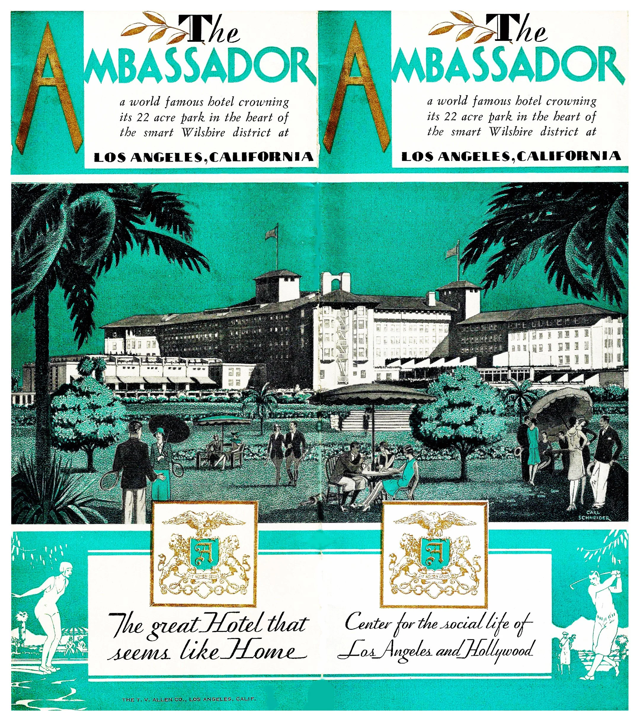 Vintage promotional brochure depicting the Ambassador Hotel in Los Angeles, California, with illustrations of its lush garden, people relaxing and socializing, and images of tennis players, emphasizing the hotel as a luxurious social hub.