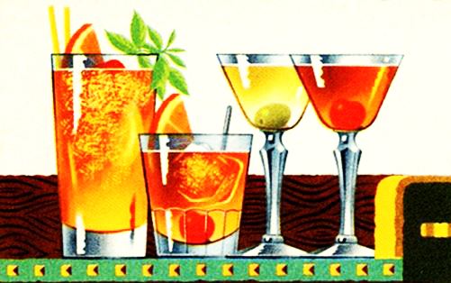 Four colorful cocktails and drinks on a table with a patterned cloth, garnished with fruit and herbs.