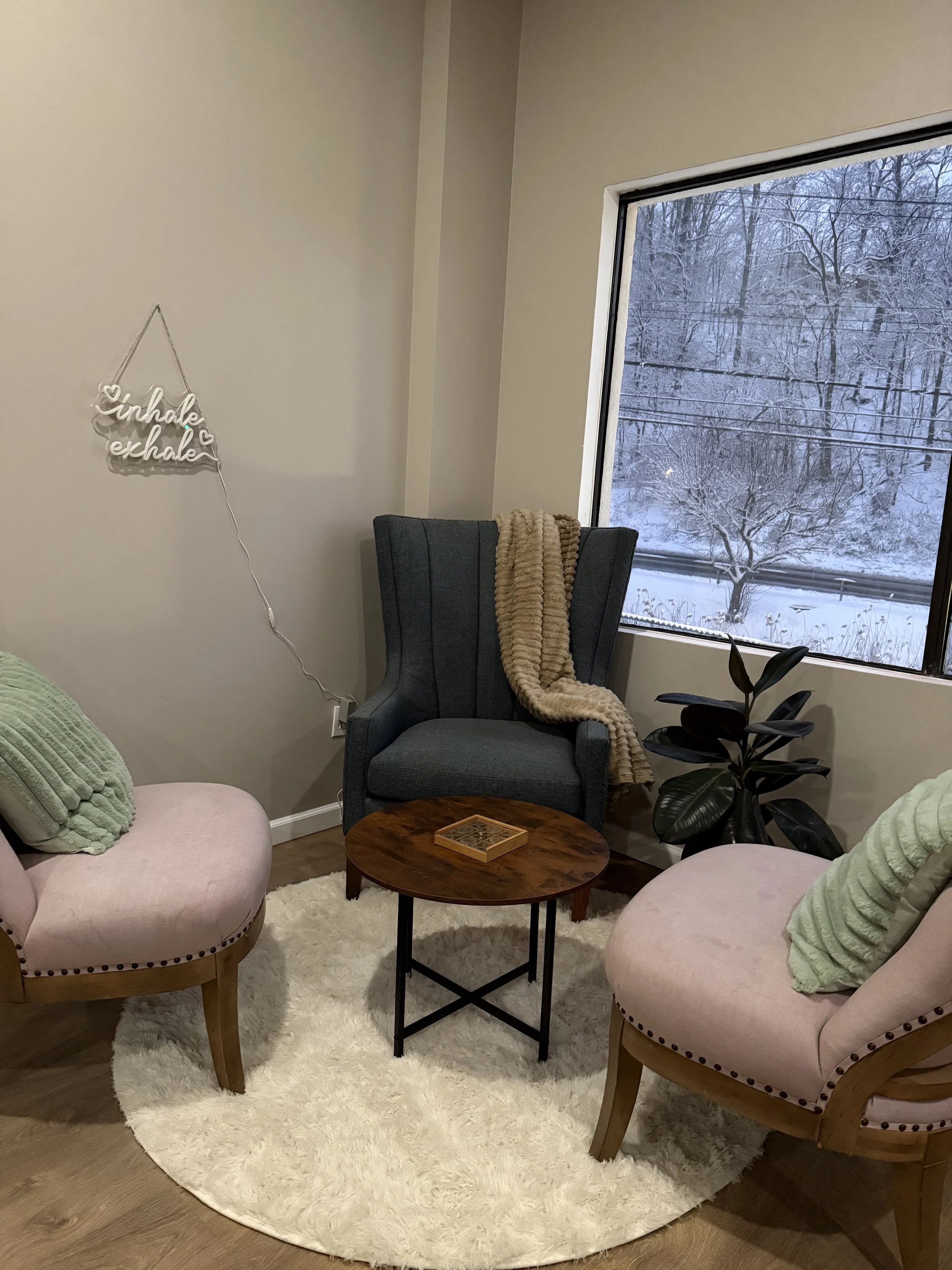 Cozy living room with two pink chairs with green pillows, dark gray armchair with a beige throw blanket, oval wooden coffee table with a puzzle box, white fluffy rug, houseplant, and a large window showing a snowy landscape outdoors. A wall sign reads 'inhale exhale' with string lighting.