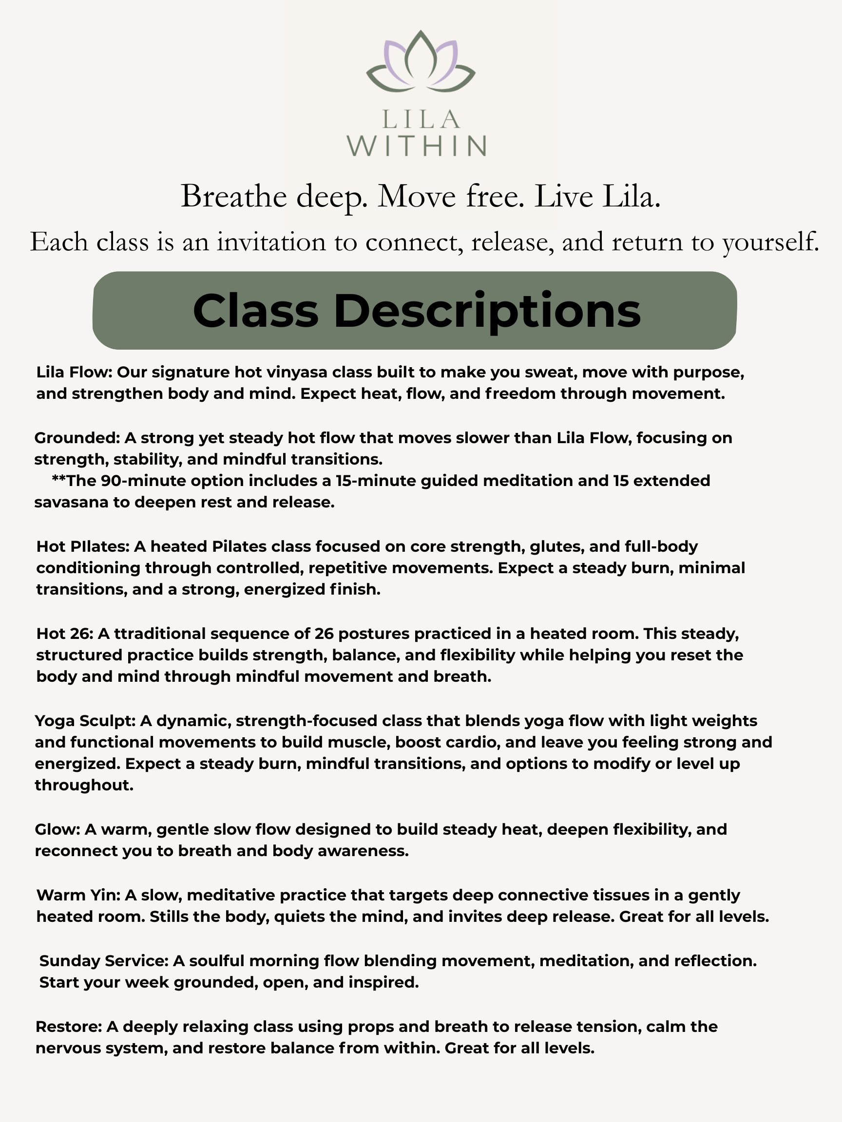 A promotional flyer for Lila Within, located near Mohegan Lake, Yorktown, Mahopac, and Putnam Valley. The flyer promotes yoga classes and descriptions including Hot vinyasa, Hot Pilates, Hot 26, Yoga Sculpt, Glow, Warm Yin, and Restore.