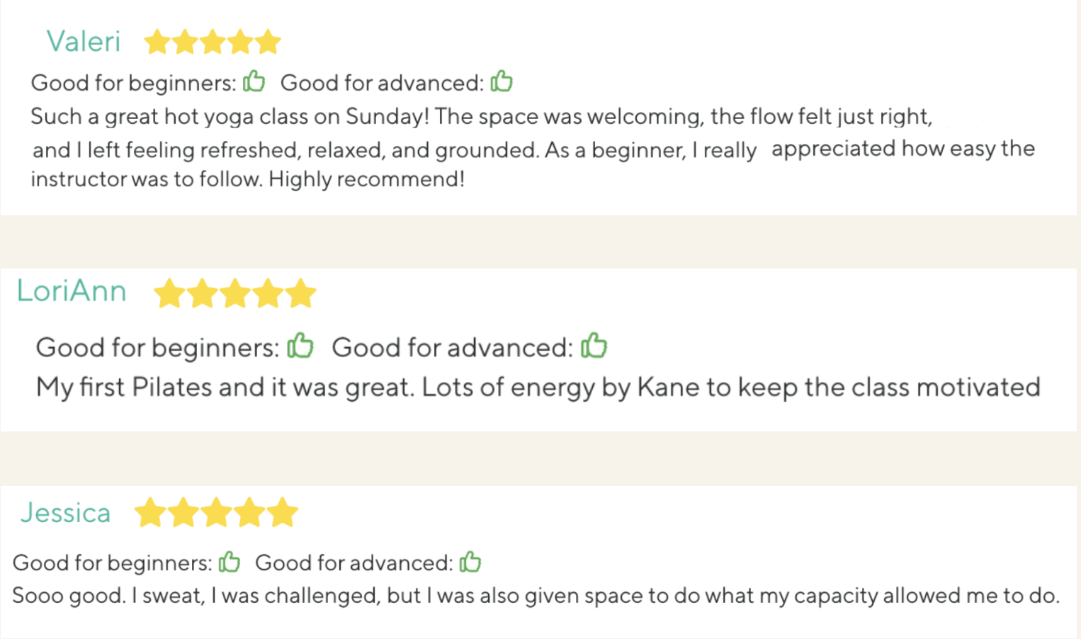 Customer reviews for Valeri, LoriAnn, and Jessica, with star ratings and positive comments about their classes and instructors.