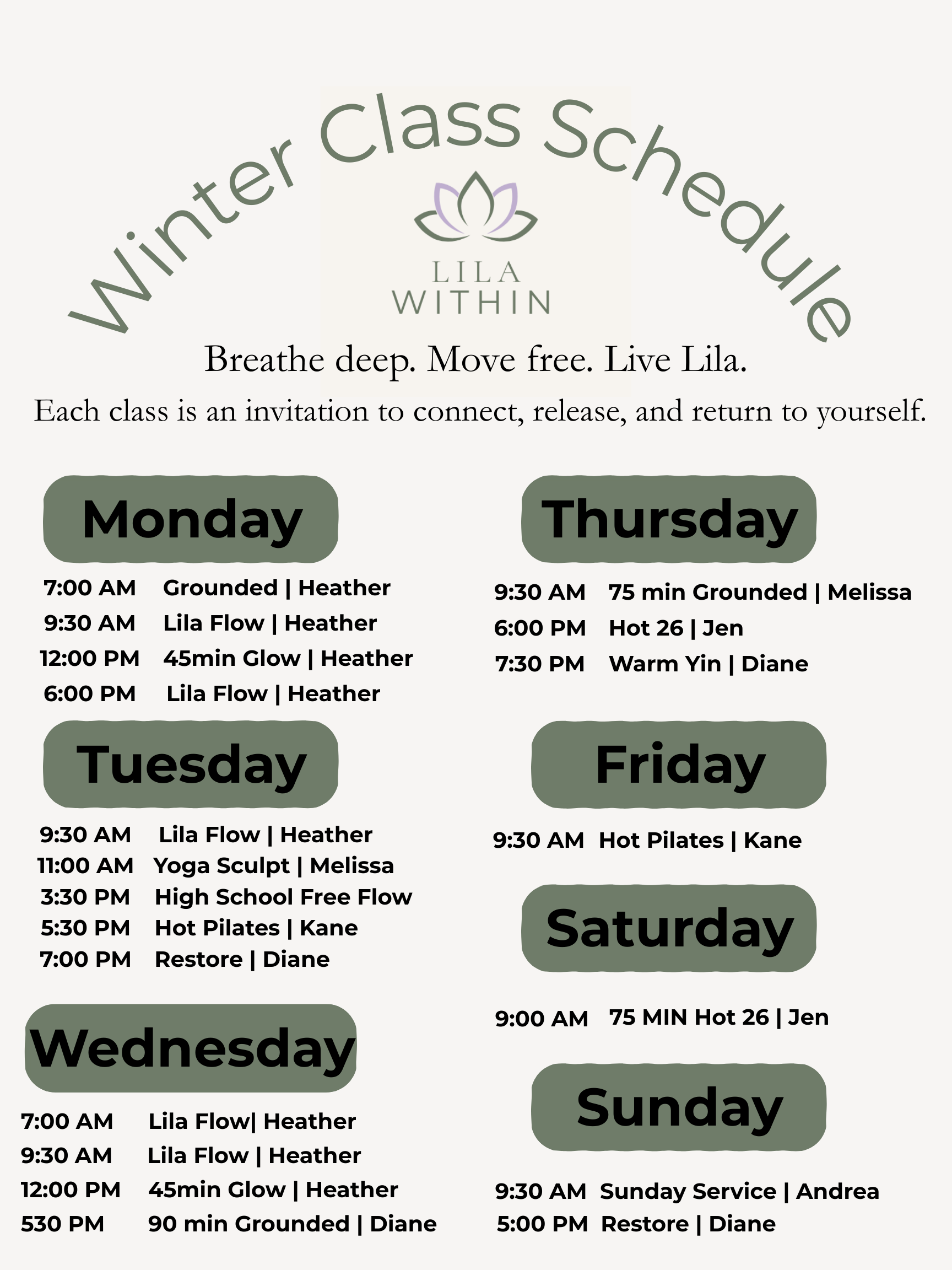 Winter Class Schedule for Lila Within, featuring classes from Monday to Sunday with times, instructors, and class types including Lila Flow, Glow, Grounded, Hot Pilates, and Sunday Service located in Cortlandt Manor near Mohegan Lake and Yorktown.