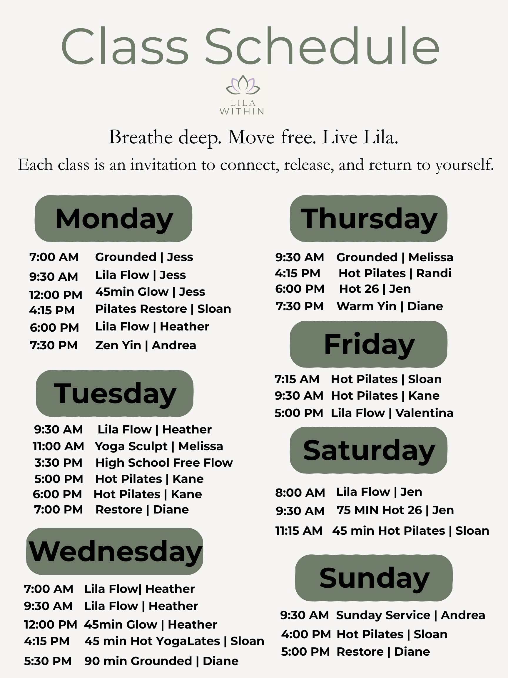 Weekly class schedule featuring yoga, pilates, hot yoga, and meditation classes organized by days of the week, with class times, instructors, and class types listed.