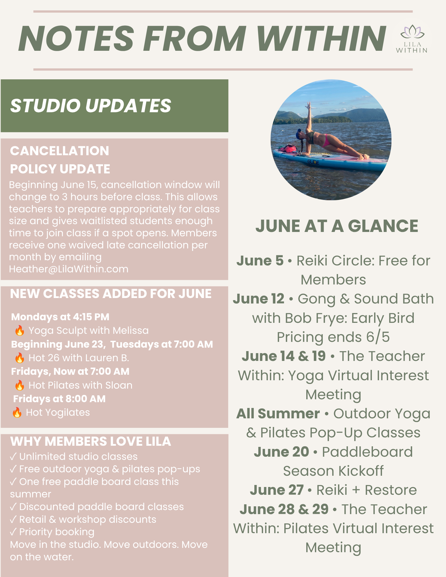 A newsletter or flyer titled 'Notes From Within' with updates about studio classes and policies. It features a circular photo of a person doing yoga on a paddleboard on a lake with mountains in the background.