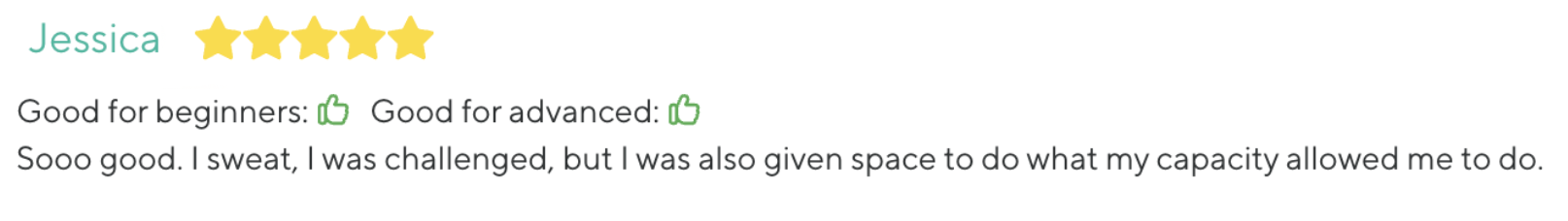 A review with the name Jessica, five gold stars, and two positive thumbs-up icons. The review states it is good for beginners and advanced users, and describes a challenging, but rewarding experience.